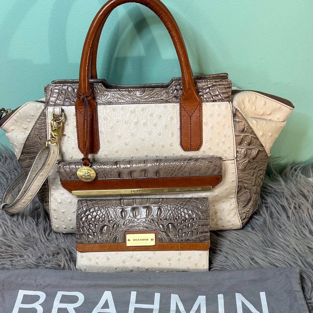 Brahmin Ostrich Leather Vintage Hudson Tan and Gray Satchel Set